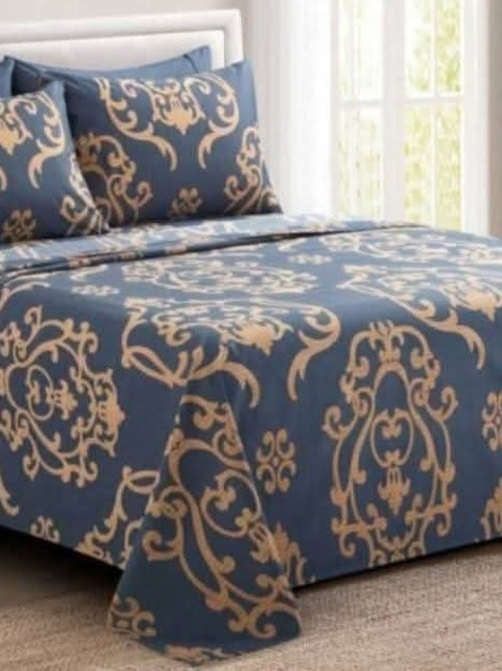 Blue and Beige Damask Sheet Set - Elegant Home Bedding